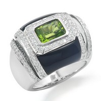 14K Fehér Arany Gyűrű Peridot, Ónix és Gyémánt Drágakövekkel