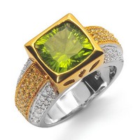 14K Fehér és Sárga Arany Gyűrű Peridot és Gyémánt Drágakövekkel