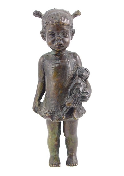 Solid Bronze Girl Figurine with Doll