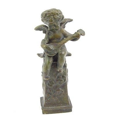 Mini Solid Bronze Angel w Guitar Figurine